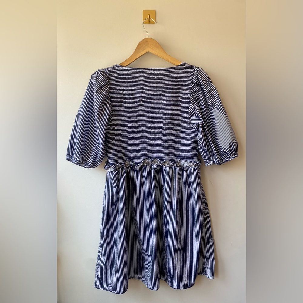 Nation LTD | Large Blue and White Striped 100% Pima Cotton Smocked Dress - Picture 6 of 6